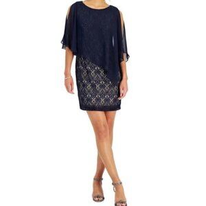 Connected Petite Chiffon Overlay Lace Sheath Dress 4P Black Party Holidays NWT